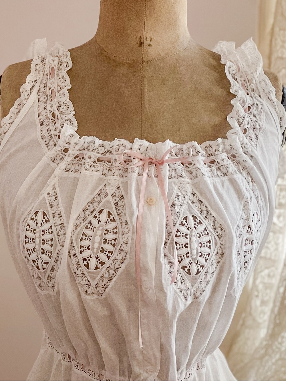 Edwardian White Lace Underdress with Pink Silk Ribbon Size XS - Picture 3 of 15